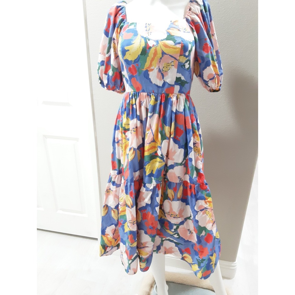Vince Camuto Dress Bright Floral Cotton Puff Sleeves Midi Size 2 Feminine Tiered